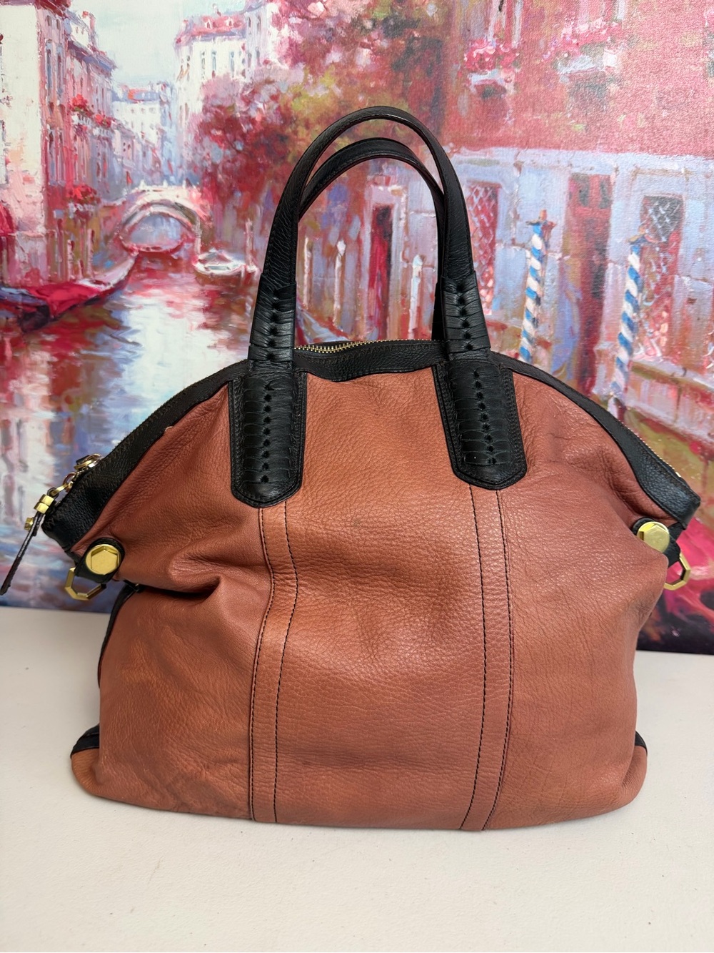orYANY Two-Tone Leather Shoulder Bag in Rose and Black with Gold Hardware